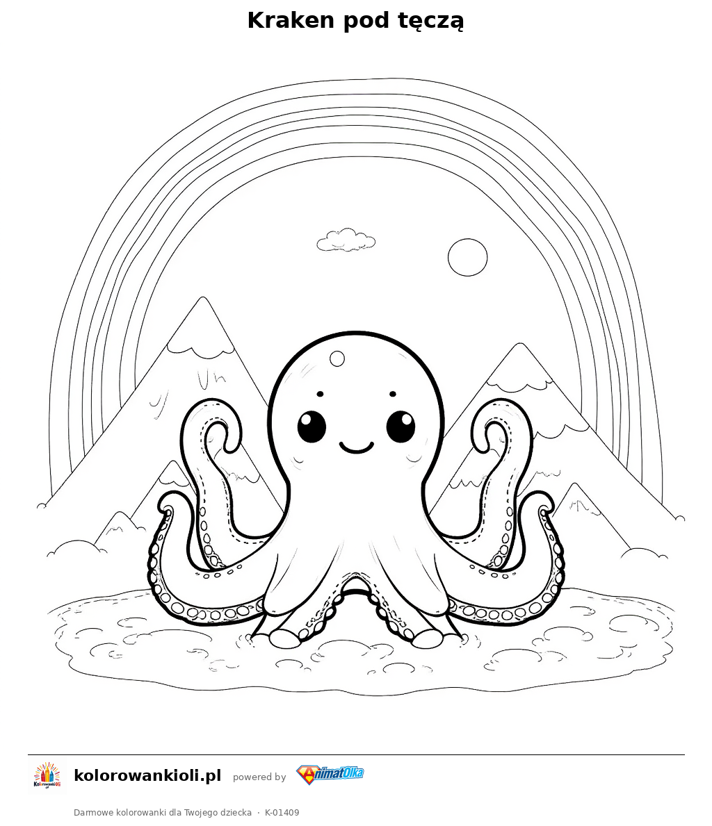 Kraken pod tęczą — kolorowanka do wydruku dla dzieci