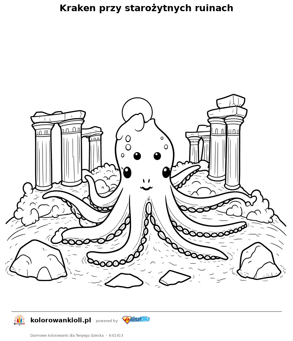 Kraken przy starożytnych ruinach — kolorowanka do wydruku dla dzieci