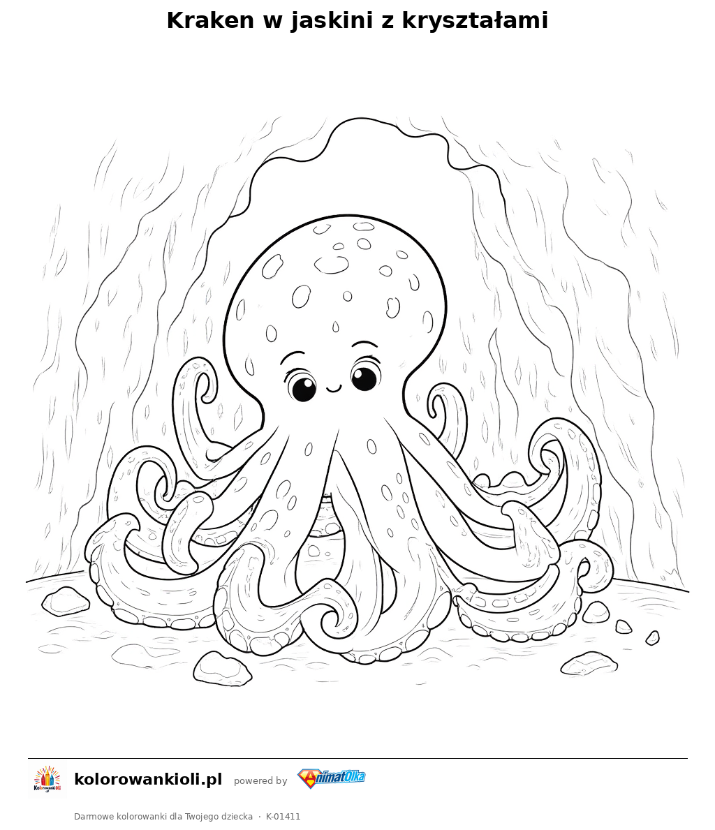 Kraken w jaskini z kryształami — kolorowanka do wydruku dla dzieci