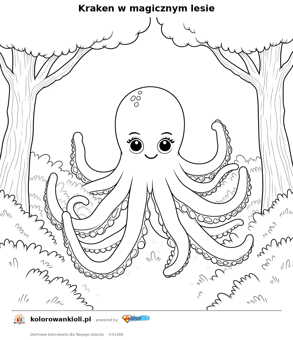 Kraken w magicznym lesie — kolorowanka do wydruku dla dzieci
