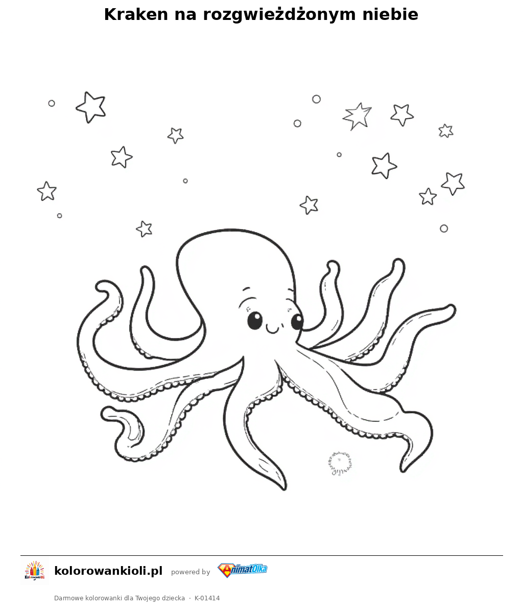 Kraken na rozgwieżdżonym niebie — kolorowanka do wydruku dla dzieci