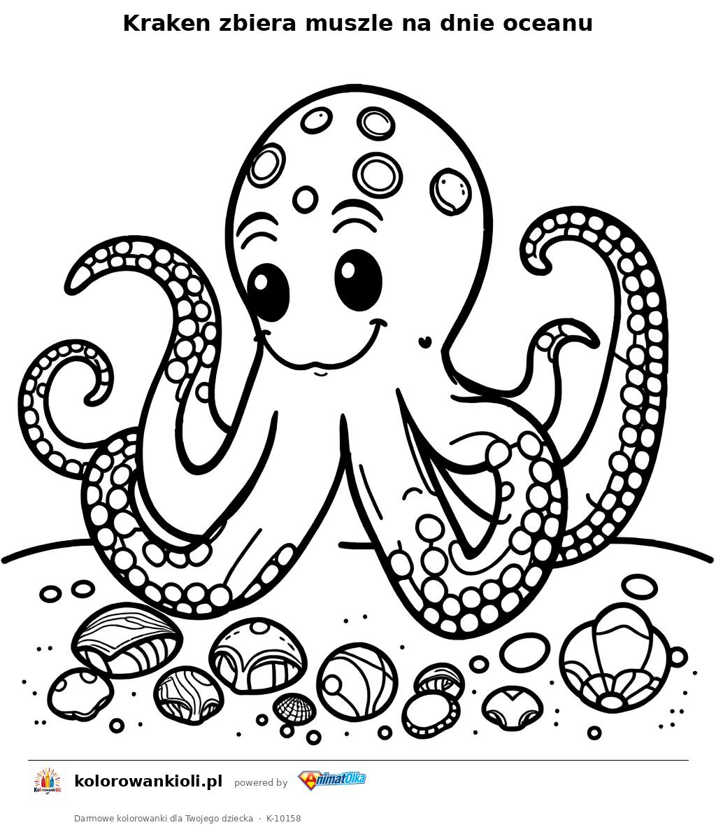 Kraken zbiera muszle na dnie oceanu — kolorowanka do wydruku dla dzieci