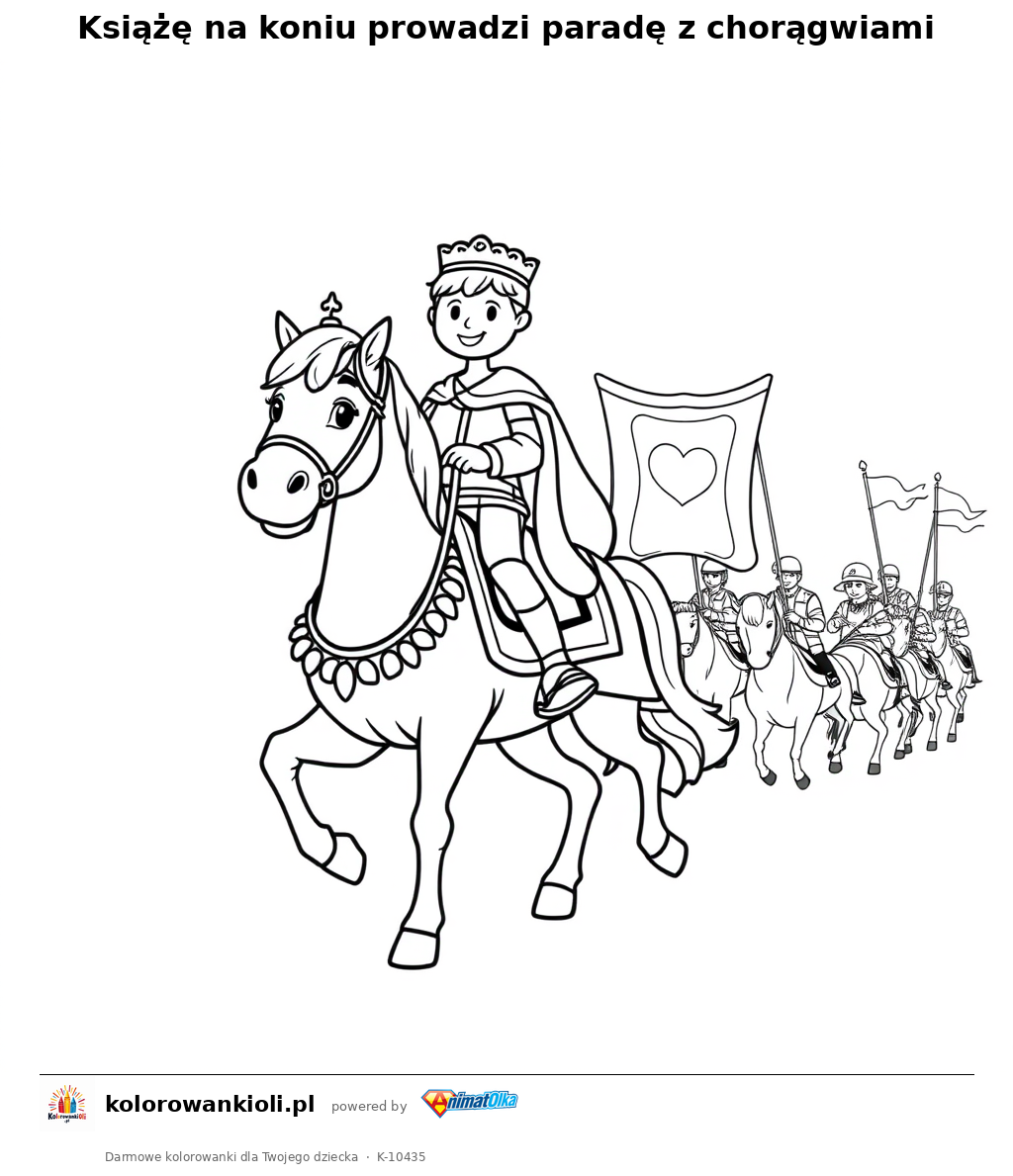 Książę na koniu prowadzi paradę z chorągwiami — kolorowanka do wydruku dla dzieci
