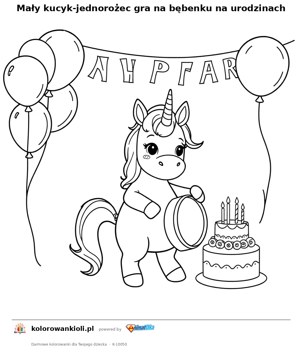 Mały kucyk-jednorożec gra na bębenku na urodzinach — kolorowanka do wydruku dla dzieci