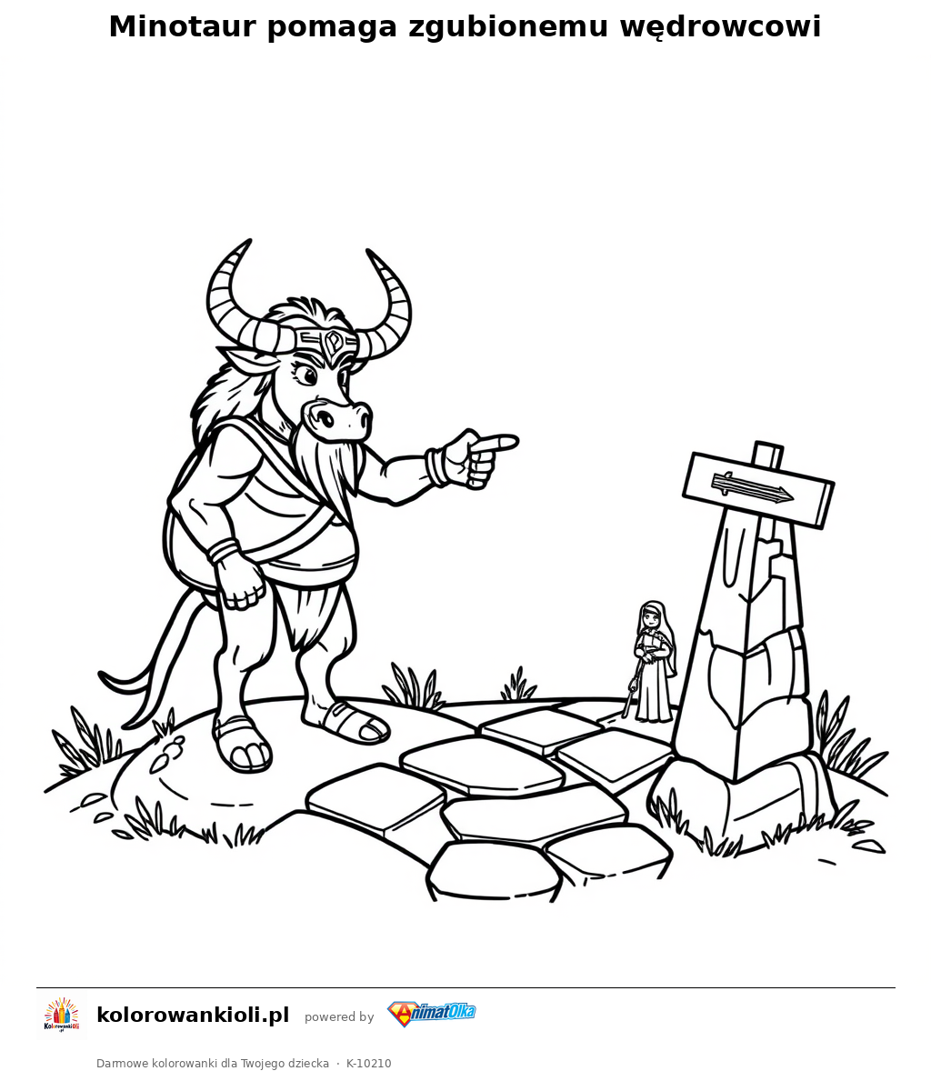 Minotaur pomaga zgubionemu wedrowcowi — kolorowanka do wydruku dla dzieci