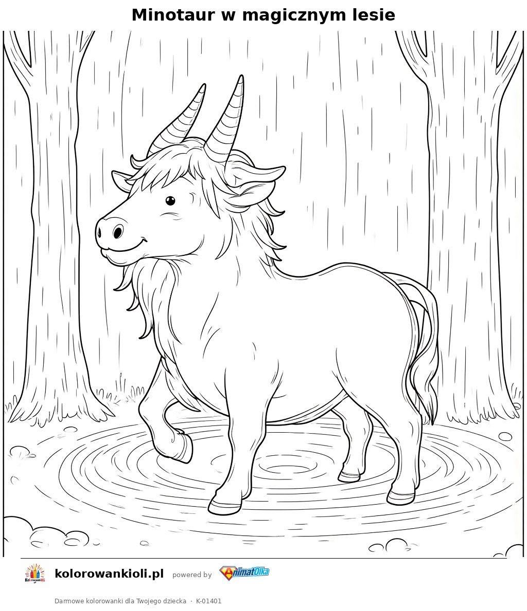 Minotaur w magicznym lesie — kolorowanka do wydruku dla dzieci