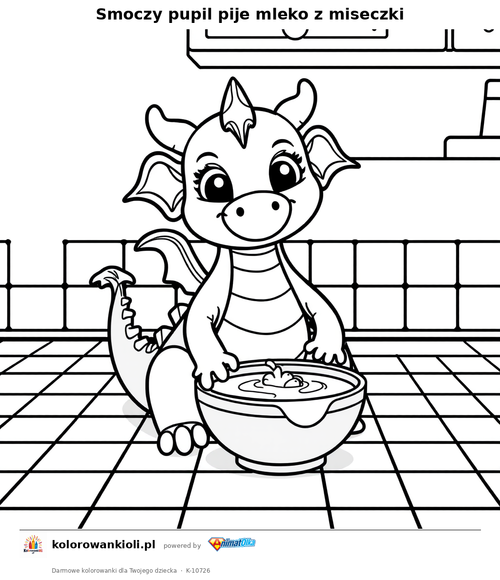 Smoczy pupil pije mleko z miseczki — kolorowanka do wydruku dla dzieci