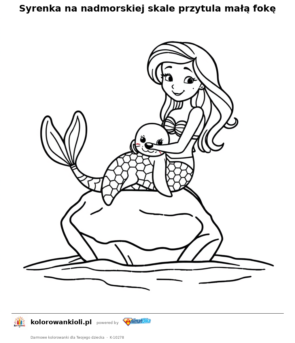 Syrenka na nadmorskiej skale przytula małą fokę — kolorowanka do wydruku dla dzieci