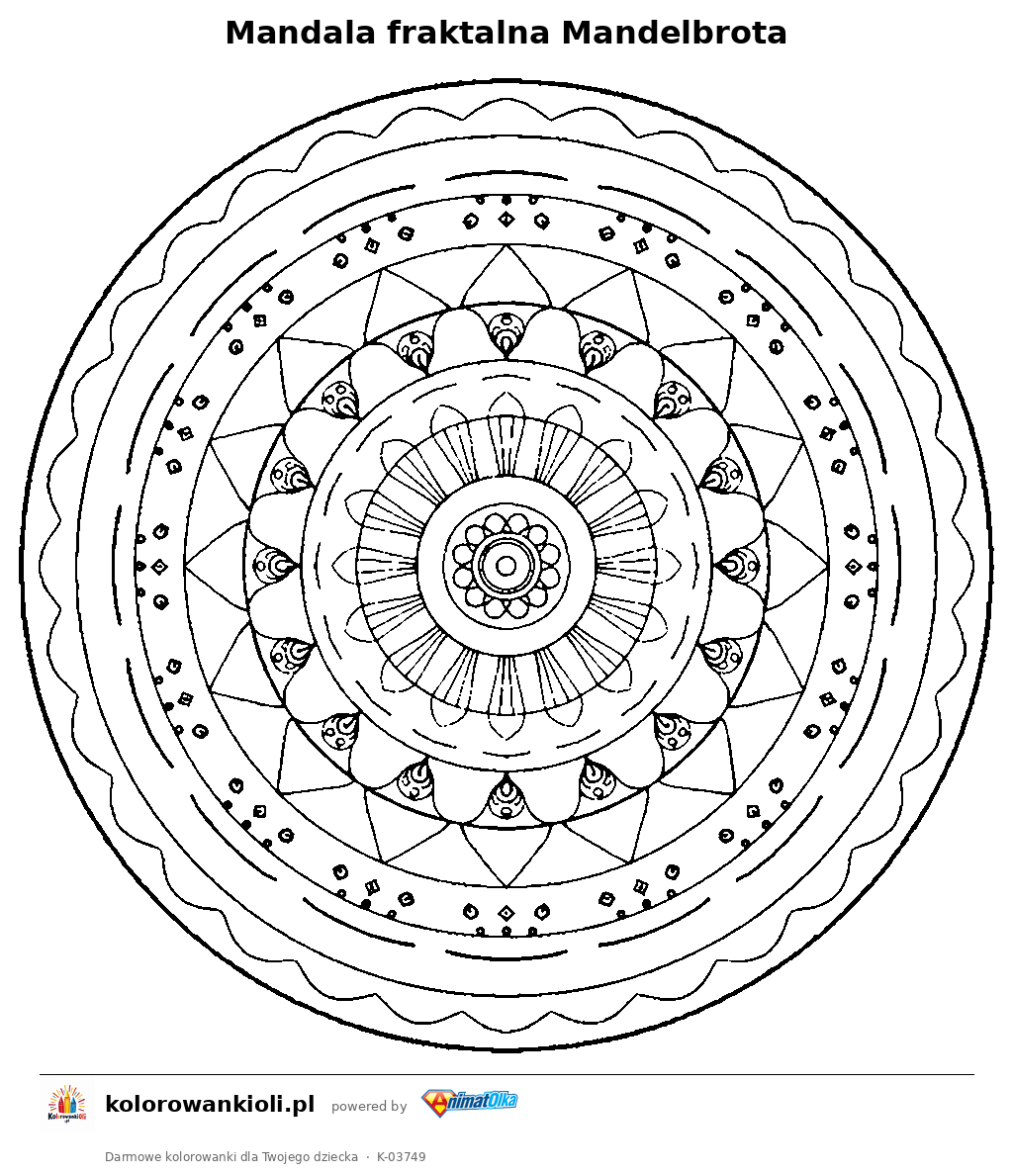 Mandala fraktalna Mandelbrota — kolorowanka do wydruku dla dzieci