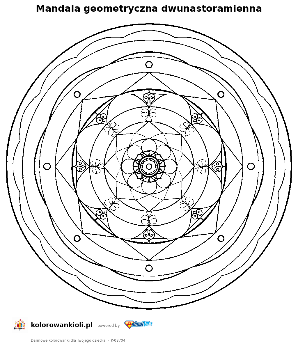 Mandala geometryczna dwunastoramienna — kolorowanka do wydruku dla dzieci