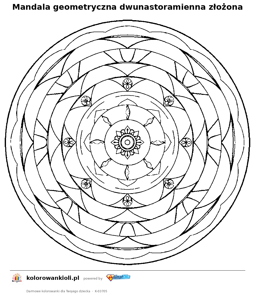 Mandala geometryczna dwunastoramienna złożona — kolorowanka do wydruku dla dzieci