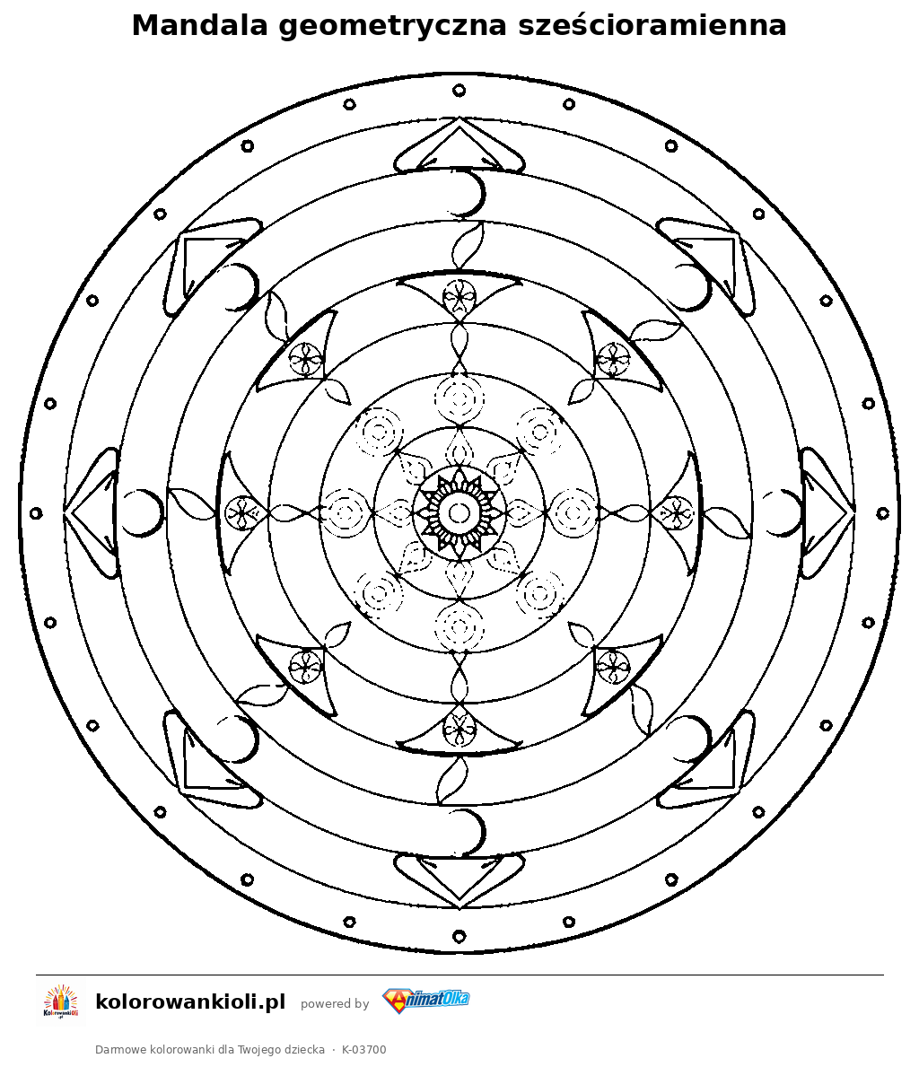 Mandala geometryczna sześcioramienna — kolorowanka do wydruku dla dzieci