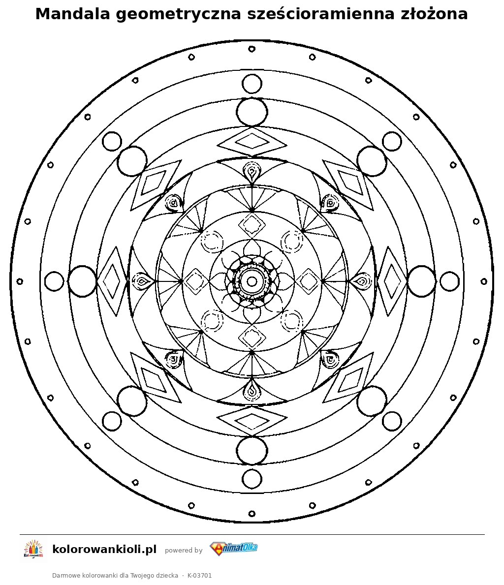 Mandala geometryczna sześcioramienna złożona — kolorowanka do wydruku dla dzieci