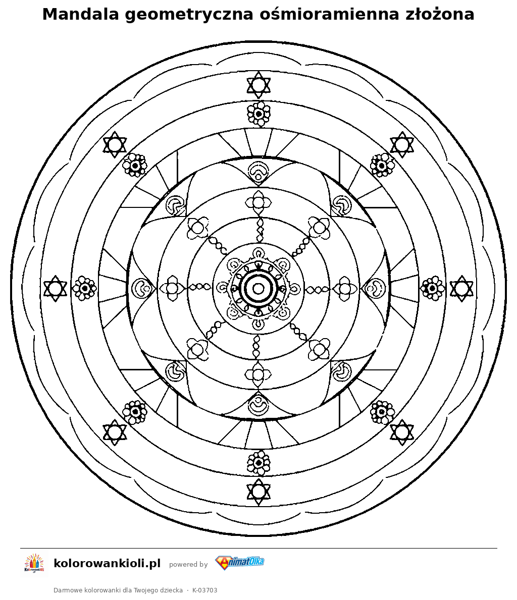 Mandala geometryczna ośmioramienna złożona — kolorowanka do wydruku dla dzieci