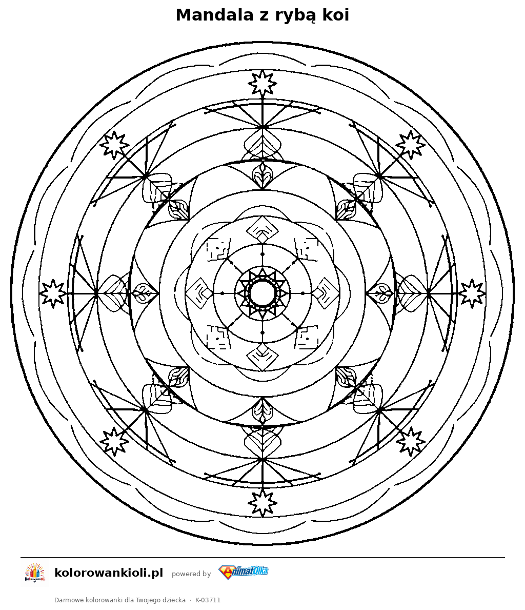 Mandala z rybą koi — kolorowanka do wydruku dla dzieci