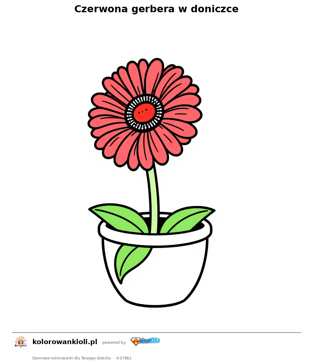 Czerwona gerbera w doniczce — kolorowanka do wydruku dla dzieci