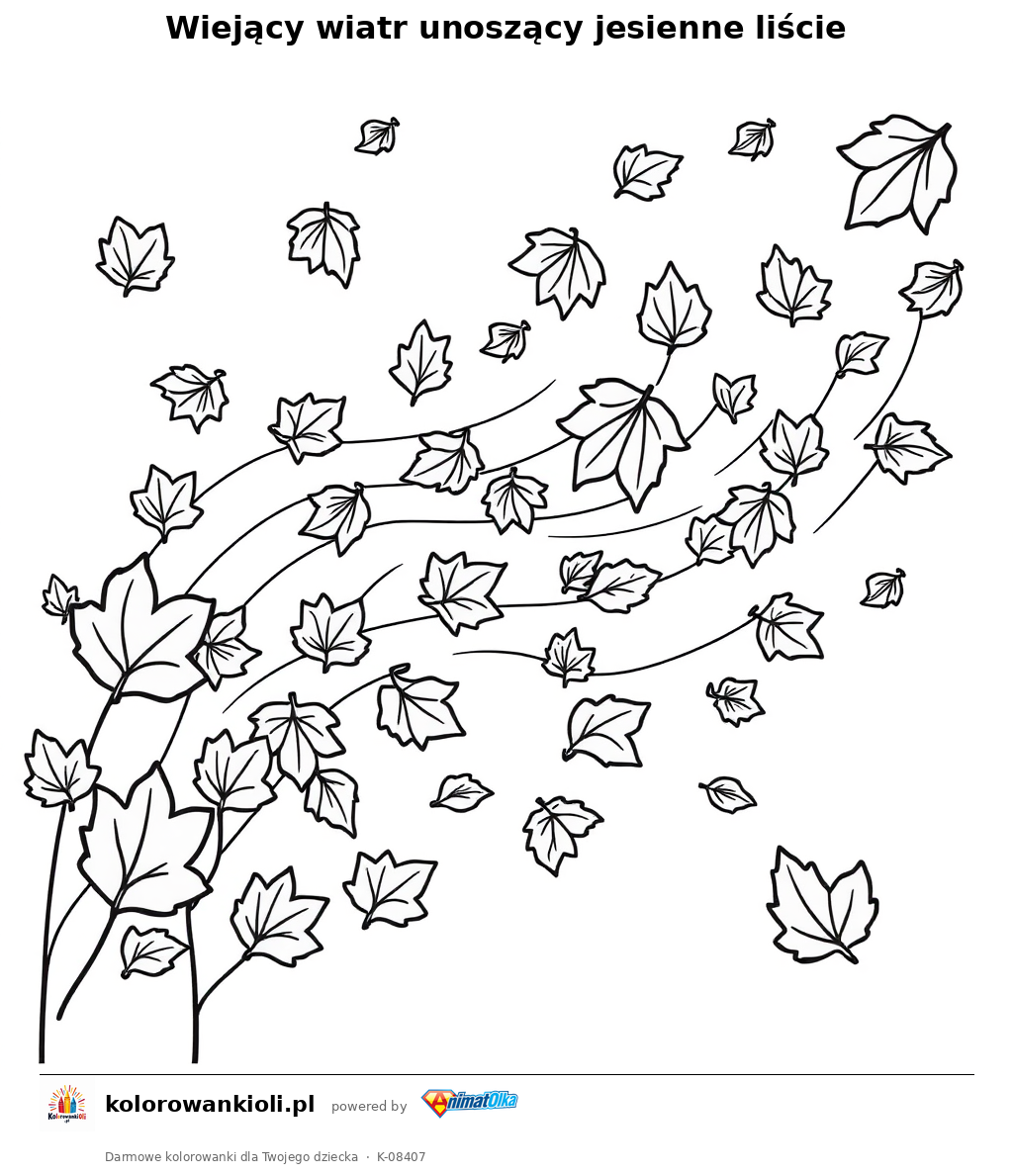 Wiejący wiatr unoszący jesienne liście — kolorowanka do wydruku dla dzieci