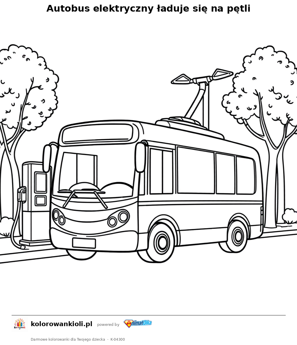 Autobus elektryczny ładuje się na pętli — kolorowanka do wydruku dla dzieci