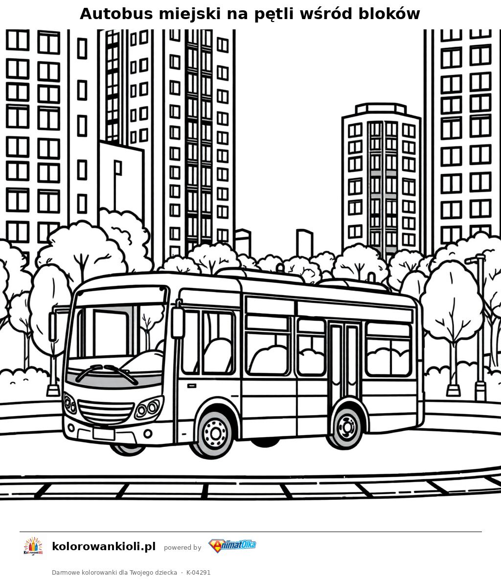 Autobus miejski na pętli wśród bloków — kolorowanka do wydruku dla dzieci