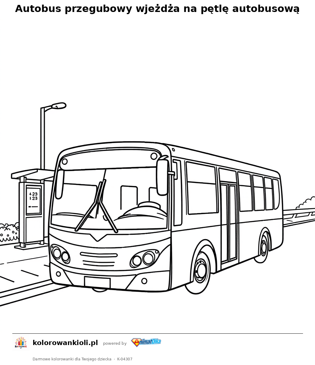 Autobus przegubowy wjeżdża na pętlę autobusową — kolorowanka do wydruku dla dzieci