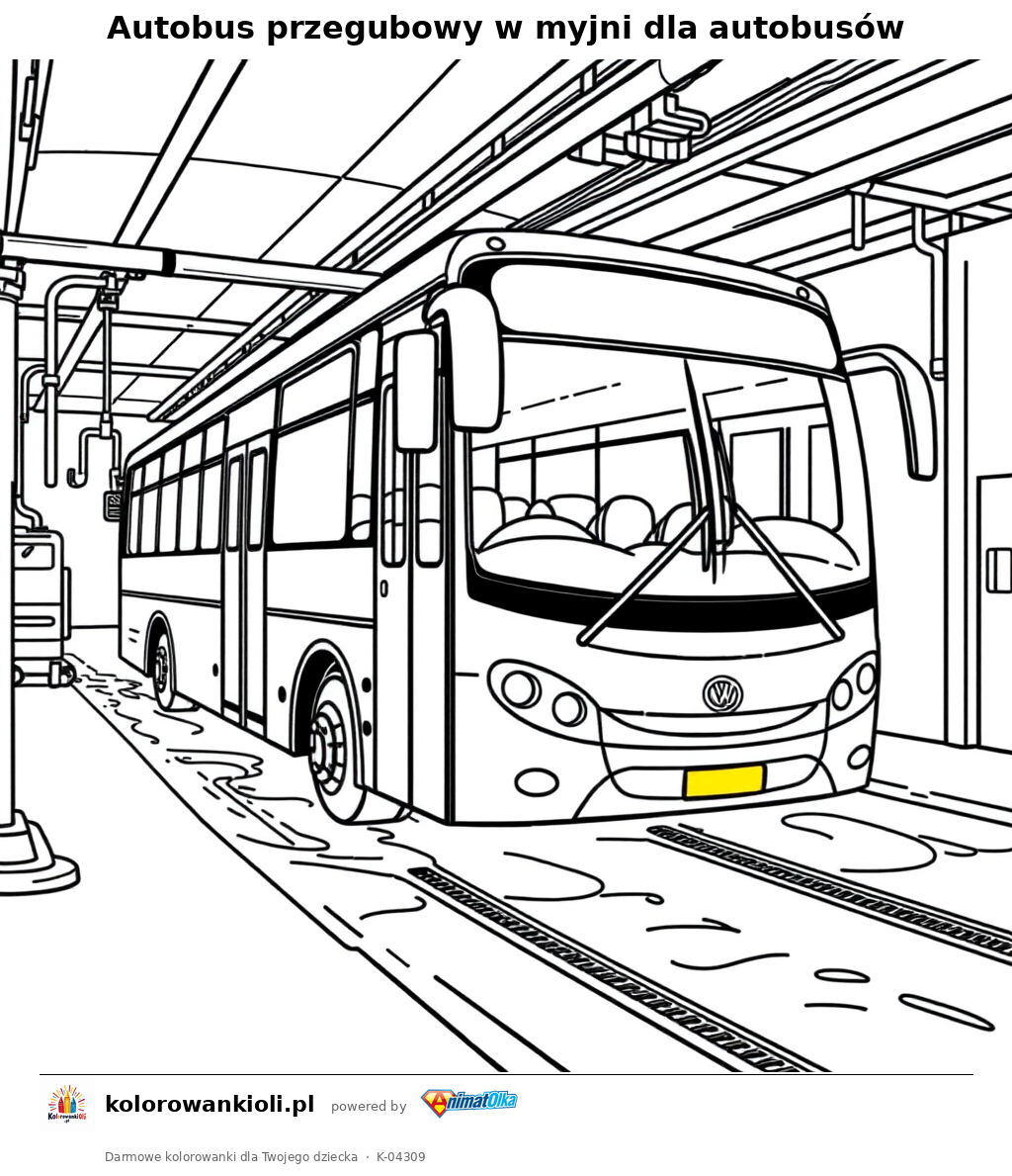 Autobus przegubowy w myjni dla autobusów — kolorowanka do wydruku dla dzieci