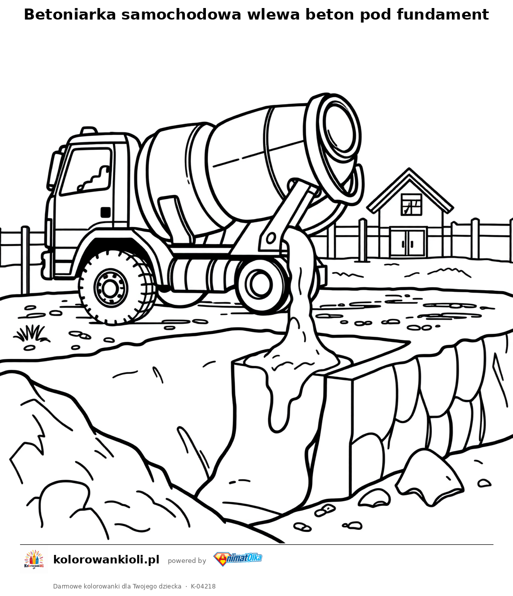 Betoniarka samochodowa wlewa beton pod fundament — kolorowanka do wydruku dla dzieci