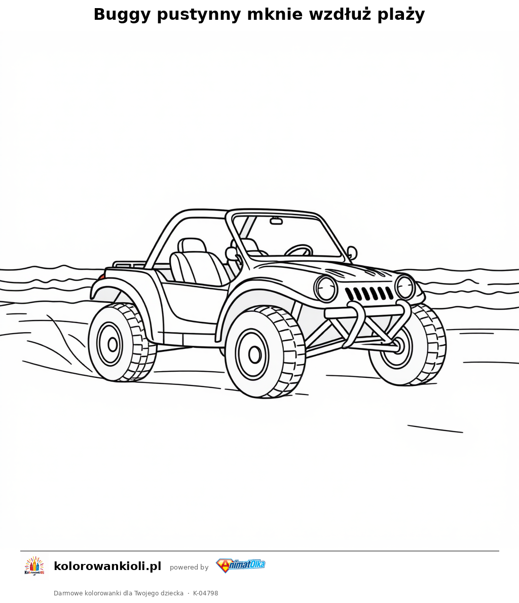 Buggy pustynny mknie wzdłuż plaży — kolorowanka do wydruku dla dzieci