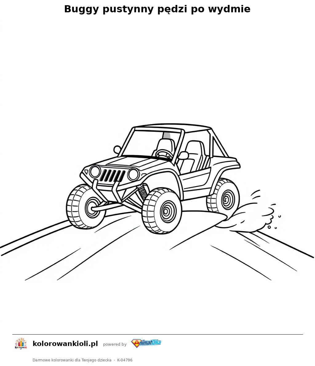 Buggy pustynny pędzi po wydmie — kolorowanka do wydruku dla dzieci