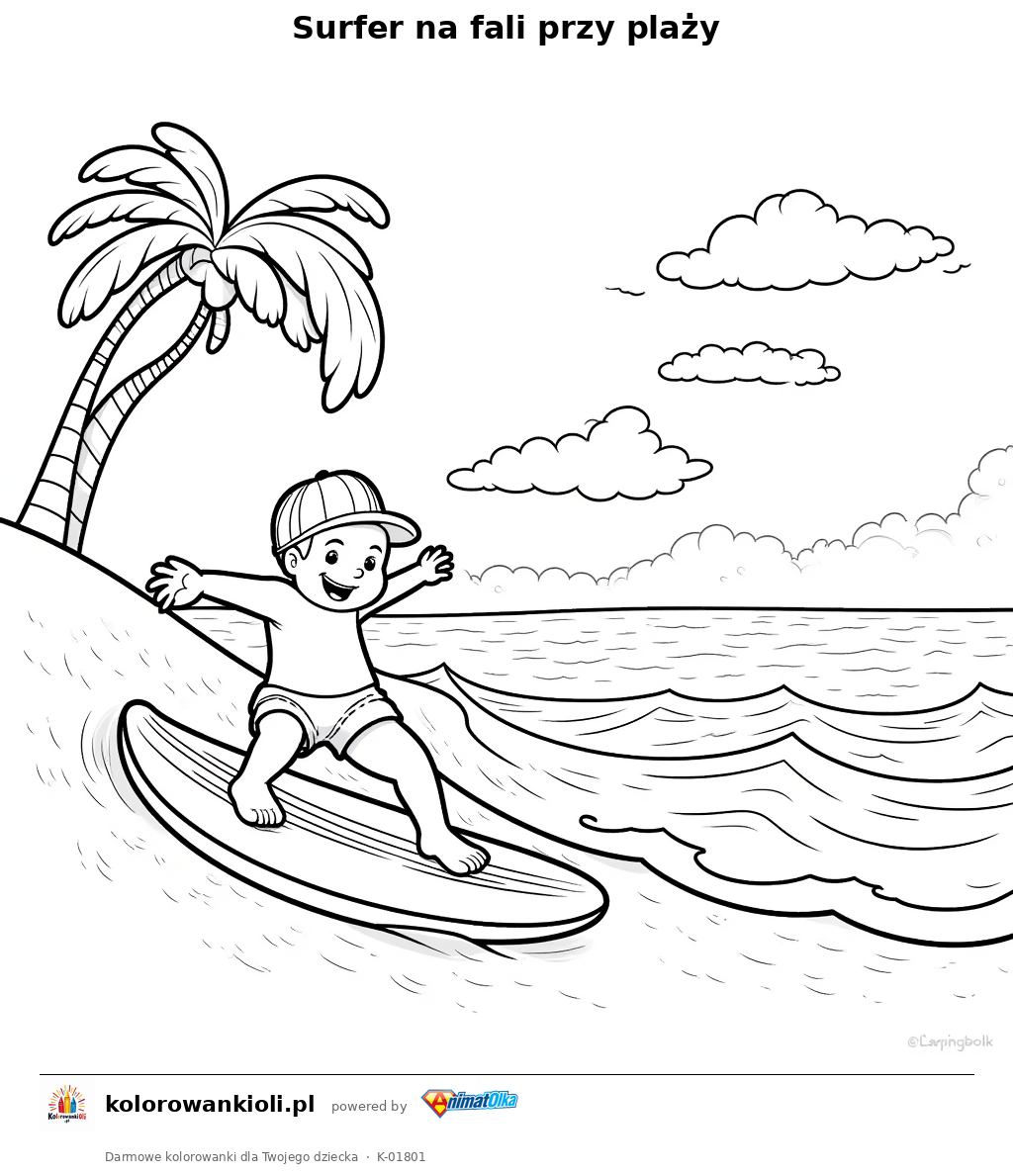 Surfer na fali przy plaży — kolorowanka do wydruku dla dzieci