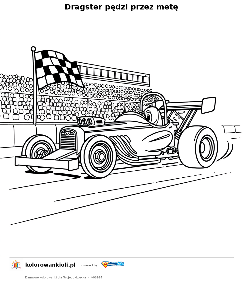 Dragster pędzi przez metę — kolorowanka do wydruku dla dzieci