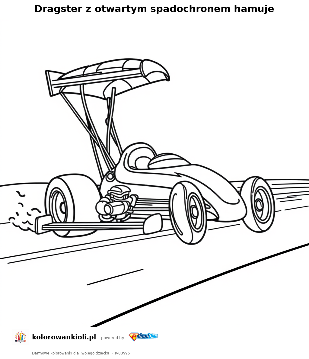 Dragster z otwartym spadochronem hamuje — kolorowanka do wydruku dla dzieci