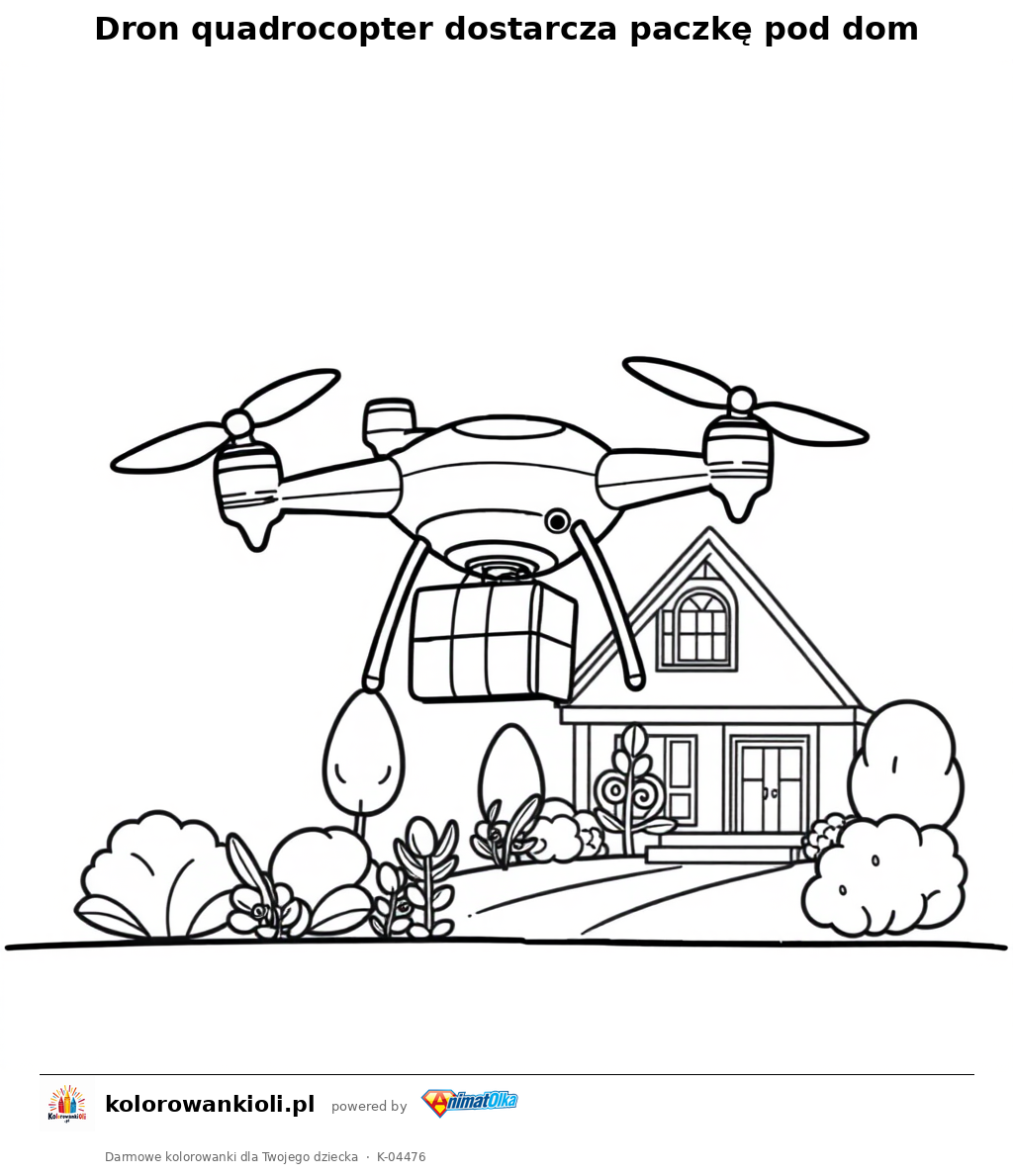Dron quadrocopter dostarcza paczkę pod dom — kolorowanka do wydruku dla dzieci