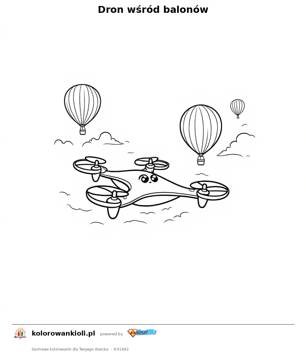 Dron wśród balonów — kolorowanka do wydruku dla dzieci