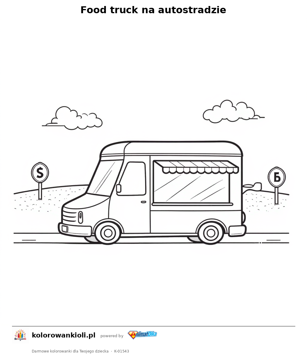 Food truck na autostradzie — kolorowanka do wydruku dla dzieci