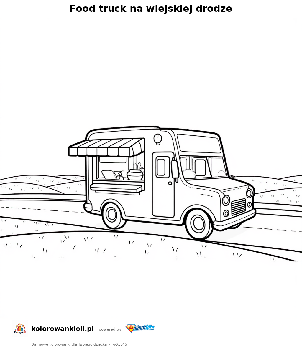 Food truck na wiejskiej drodze — kolorowanka do wydruku dla dzieci