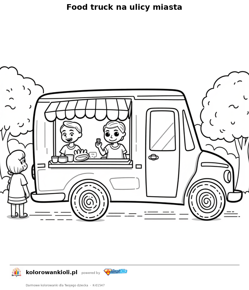 Food truck na ulicy miasta — kolorowanka do wydruku dla dzieci