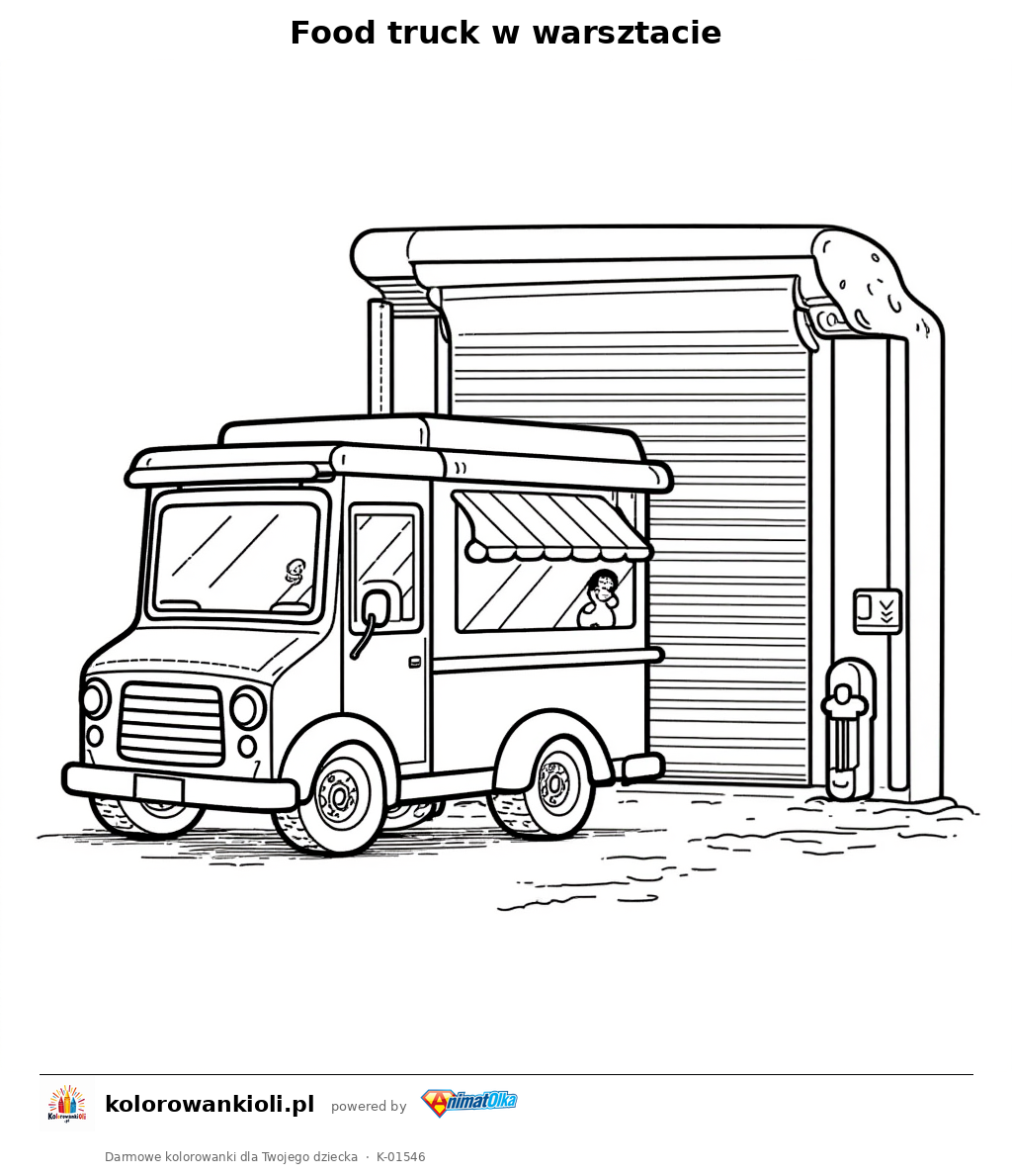 Food truck w warsztacie — kolorowanka do wydruku dla dzieci