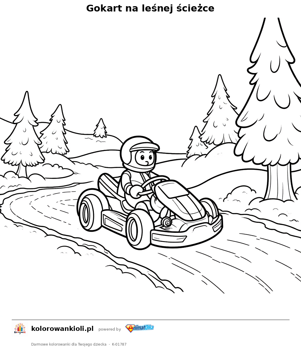 Gokart na leśnej ścieżce — kolorowanka do wydruku dla dzieci