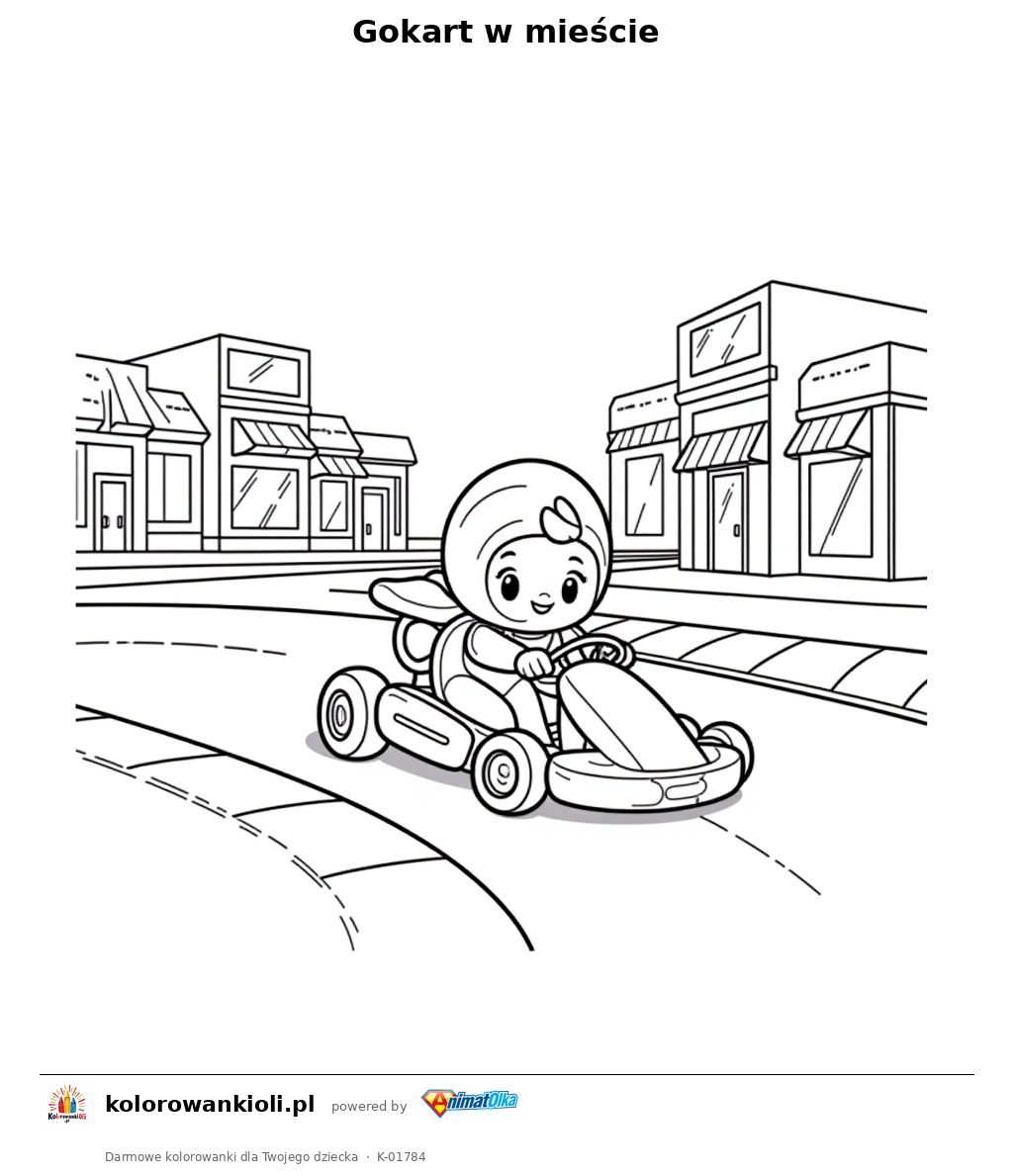 Gokart w mieście — kolorowanka do wydruku dla dzieci