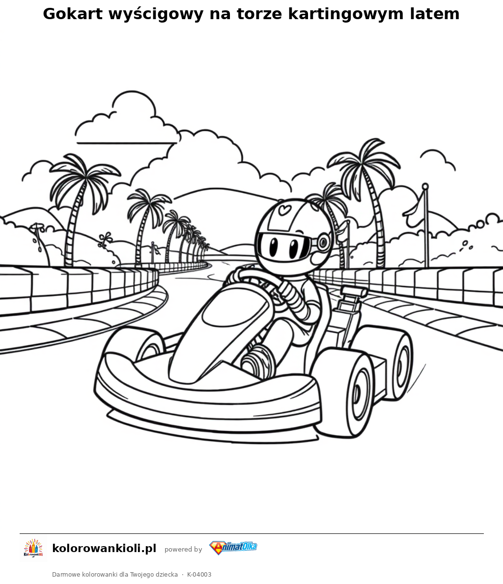 Gokart wyścigowy na torze kartingowym latem — kolorowanka do wydruku dla dzieci