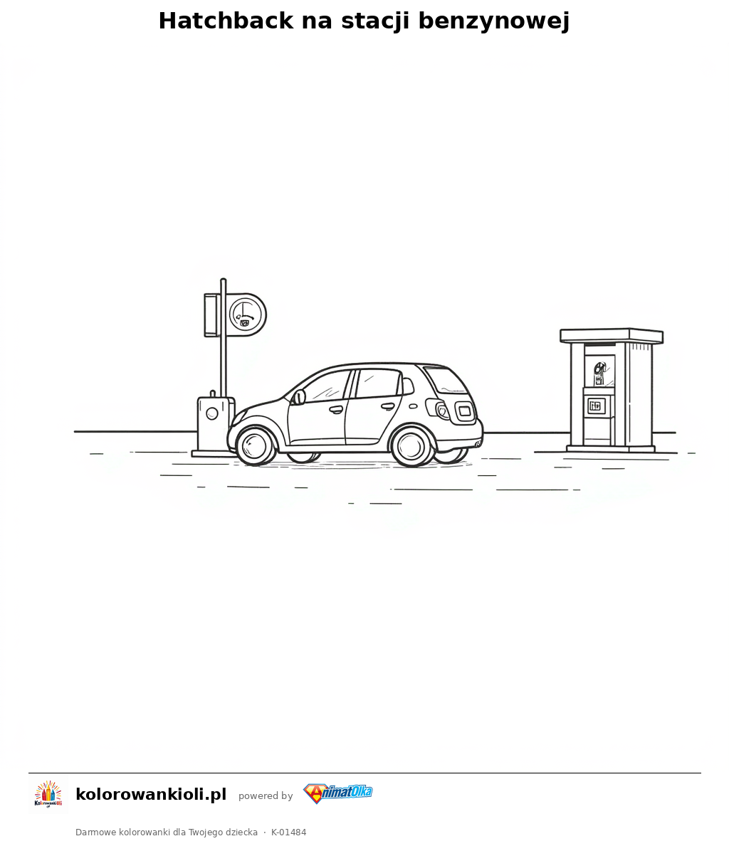 Hatchback na stacji benzynowej — kolorowanka do wydruku dla dzieci