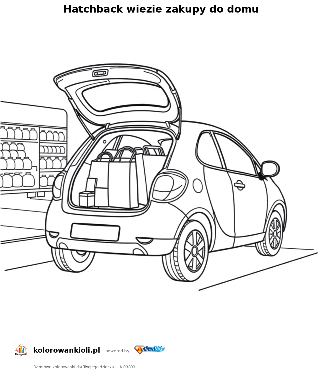 Hatchback wiezie zakupy do domu — kolorowanka do wydruku dla dzieci