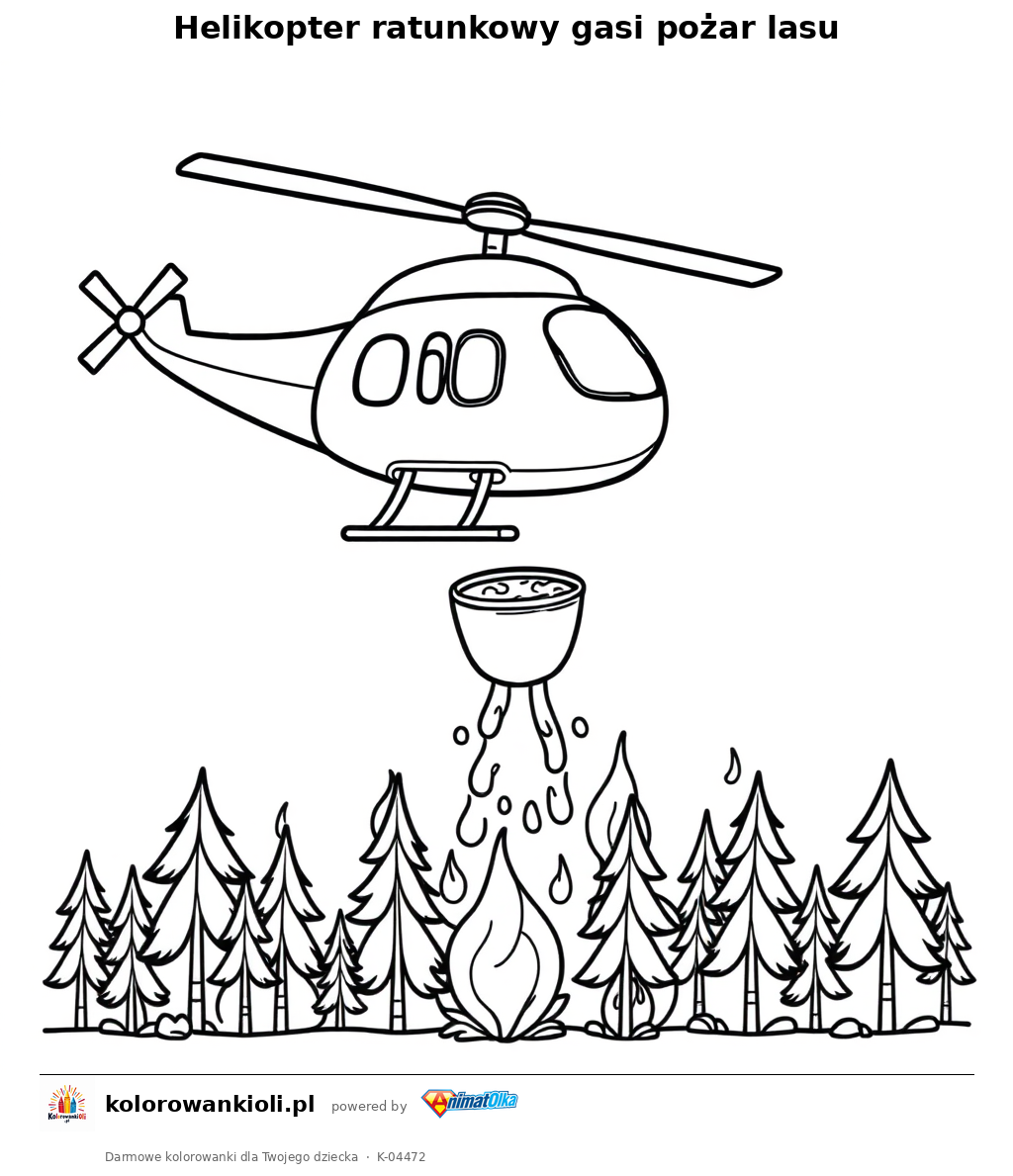 Helikopter ratunkowy gasi pożar lasu — kolorowanka do wydruku dla dzieci