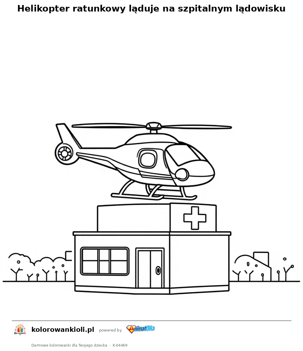 Helikopter ratunkowy ląduje na szpitalnym lądowisku — kolorowanka do wydruku dla dzieci