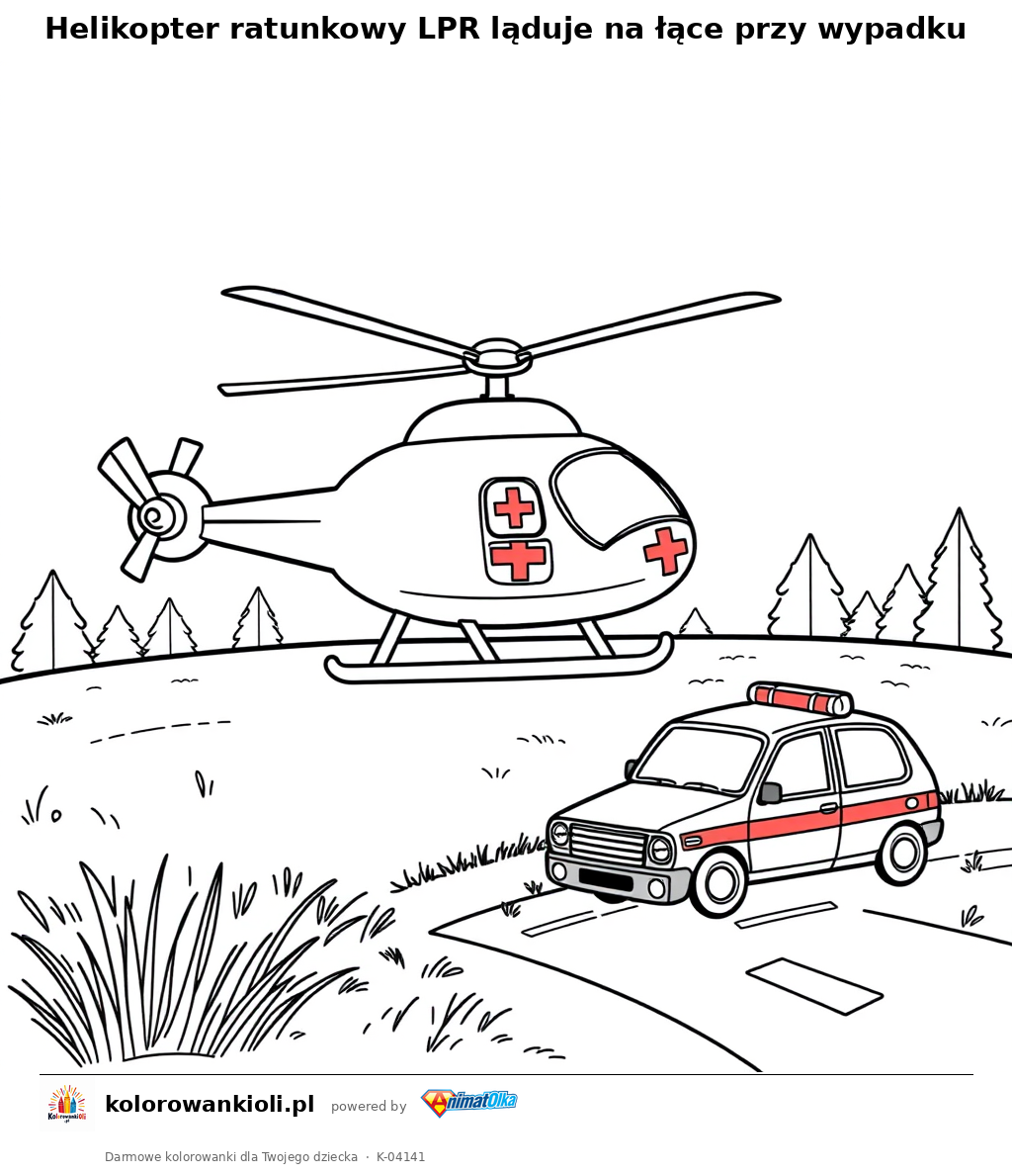 Helikopter ratunkowy LPR ląduje na łące przy wypadku — kolorowanka do wydruku dla dzieci