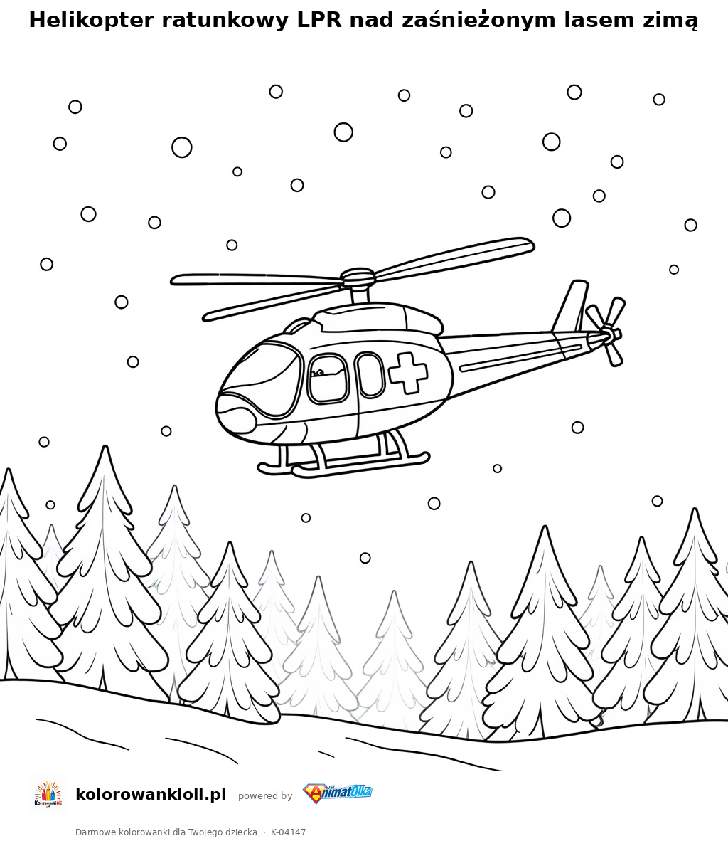 Helikopter ratunkowy LPR nad zaśnieżonym lasem zimą — kolorowanka do wydruku dla dzieci