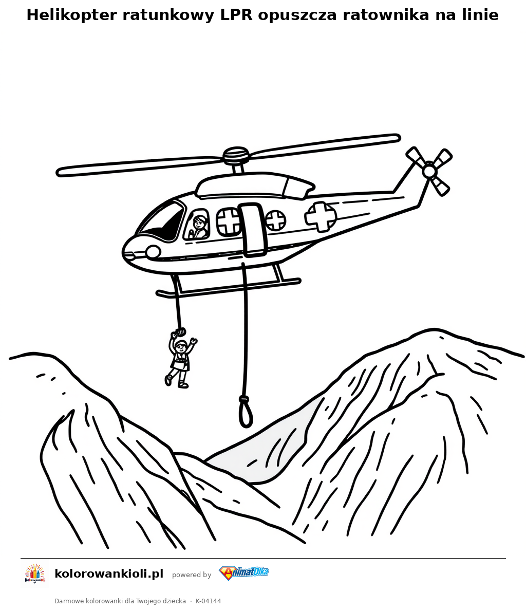 Helikopter ratunkowy LPR opuszcza ratownika na linie — kolorowanka do wydruku dla dzieci