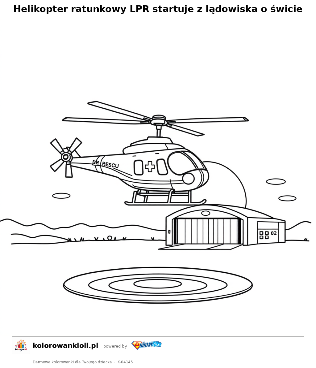 Helikopter ratunkowy LPR startuje z lądowiska o świcie — kolorowanka do wydruku dla dzieci