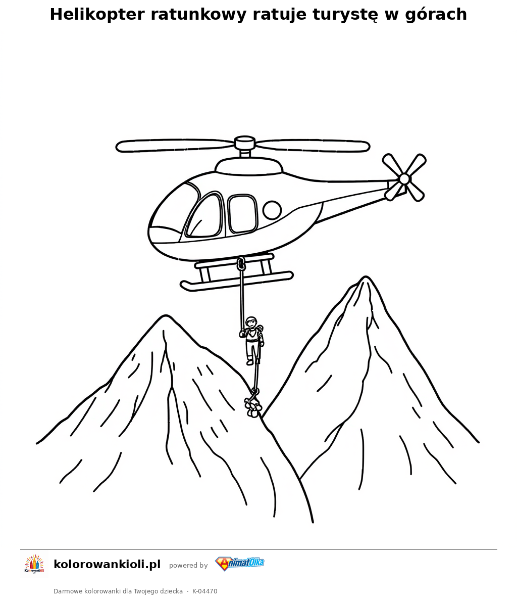 Helikopter ratunkowy ratuje turystę w górach — kolorowanka do wydruku dla dzieci