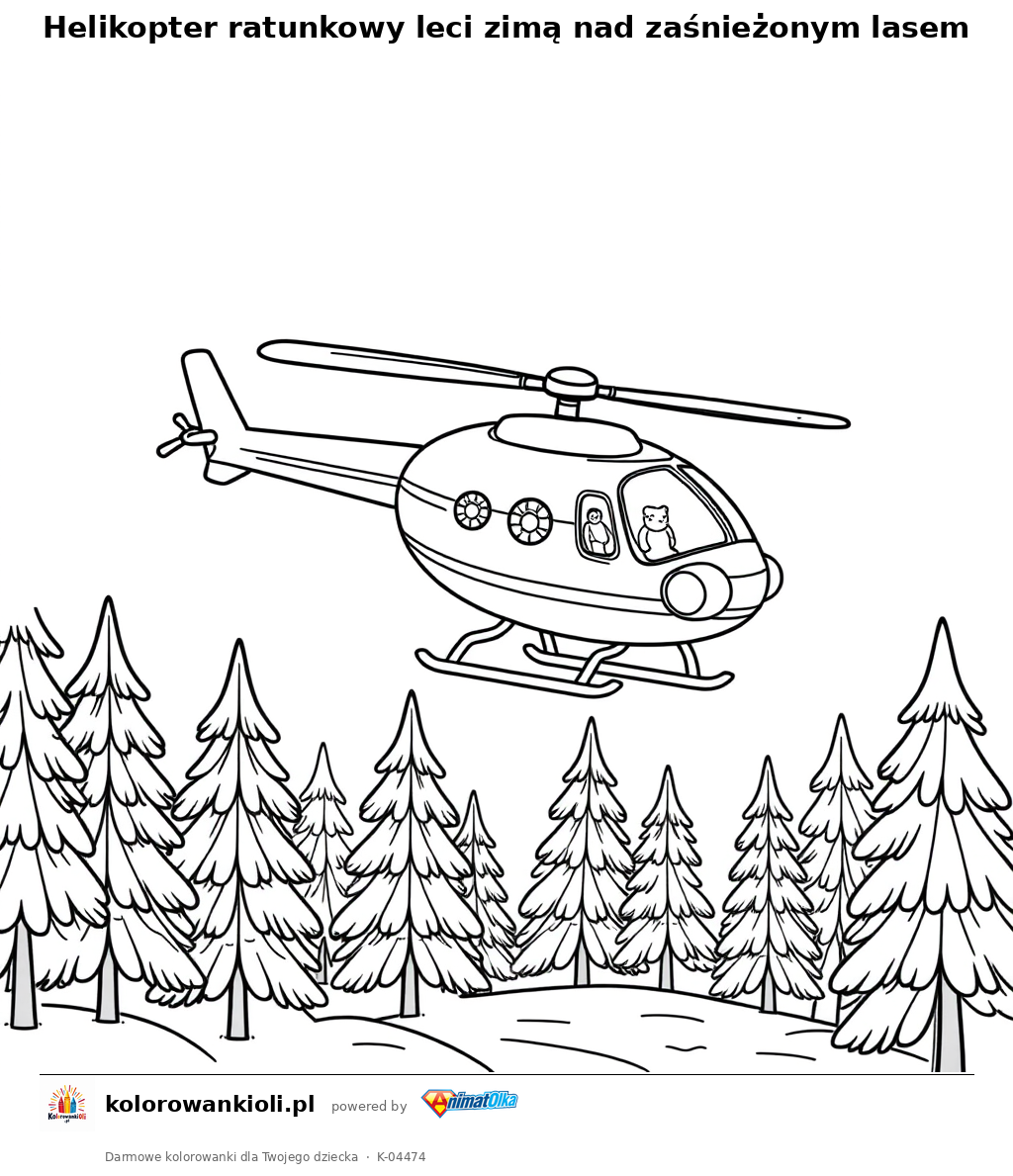 Helikopter ratunkowy leci zimą nad zaśnieżonym lasem — kolorowanka do wydruku dla dzieci